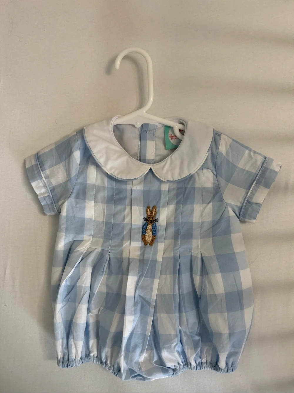 Smocked Flamingo Blue Gingham Peter Pan Romper with Peter Rabbit Detail